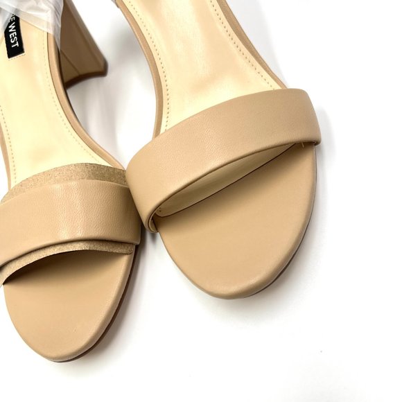 Nine West Womens Pruce Natural Nude Beige Tan Leather Block Heels Sandals Shoes - Picture 6 of 14